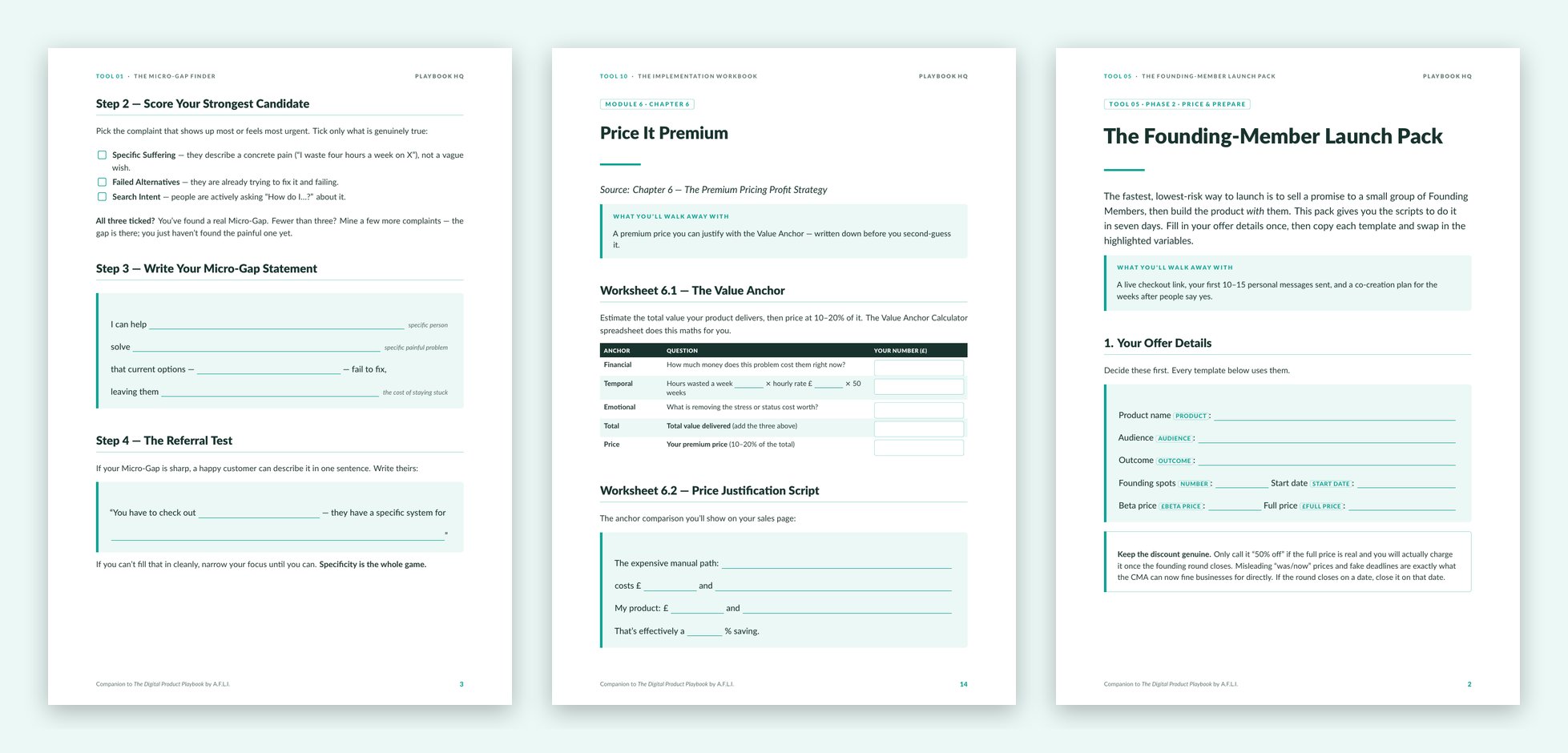Sample interior pages: a fillable Micro-Gap statement, the Value Anchor worksheet and a founding-member offer template